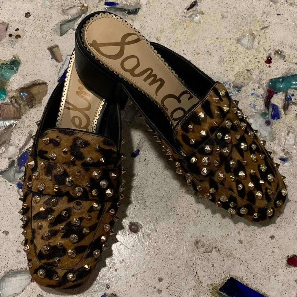 Sam Edelman Animal Print Fur Gold Studded Mule
